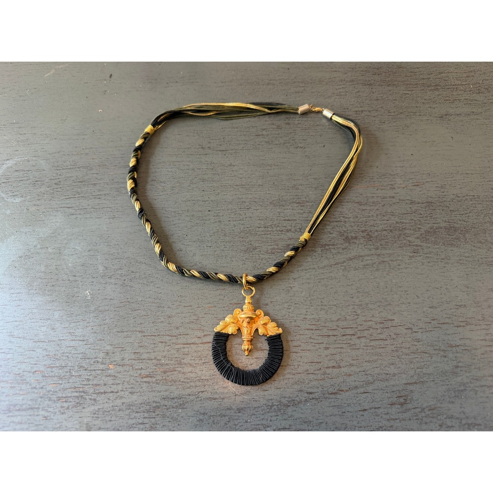 Vintage Black and Gold Multi Strand Corded Braided Pendant Necklace Statement